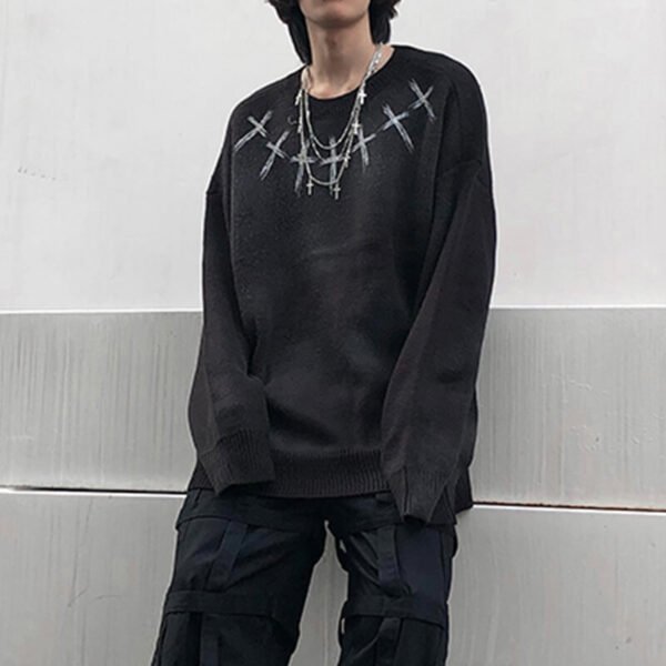 Custom Dark Cross Detail Crew Neck Sweater - Style 688099 Black crew neck sweater with distressed cross graphic detail