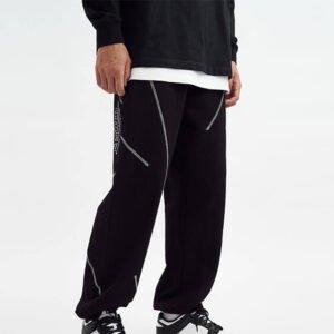 Men's deconstructed straight leg pants with zip details and contrast stitching