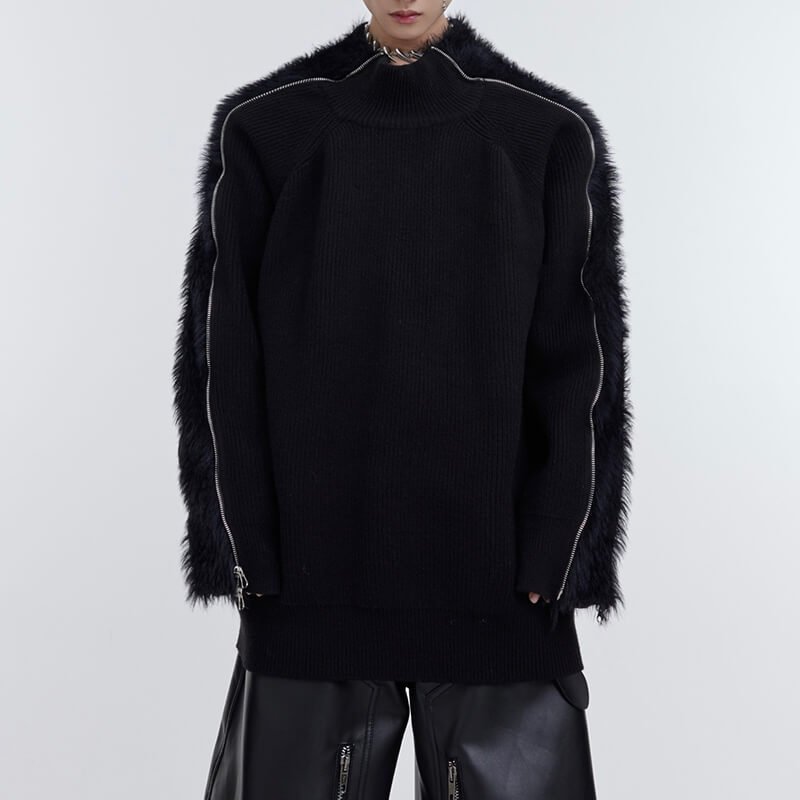 Black ribbed knit sweater with faux fur and zipper trim on sleeves