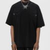 Custom Deep Pocket Streetwear Shorts - Style 43B88C Man wearing a black oversized t-shirt with a geometric graphic design