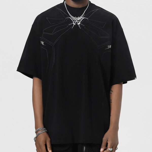 Custom Deep Pocket Streetwear Shorts - Style 43B88C Man wearing a black oversized t-shirt with a geometric graphic design