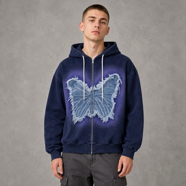 Custom Denim Butterfly Applique Zip Hoodie - Style 3B8636 Navy blue zip-up hoodie with a distressed denim butterfly applique