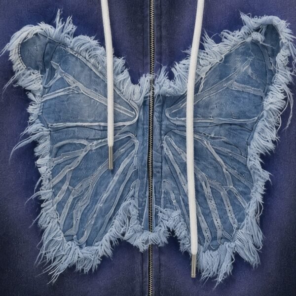 Custom Denim Butterfly Applique Zip Hoodie - Style 3B8636 - product detail view 5 Custom Denim Butterfly Applique Zip Hoodie - Style 3B8636 - product detail view 5