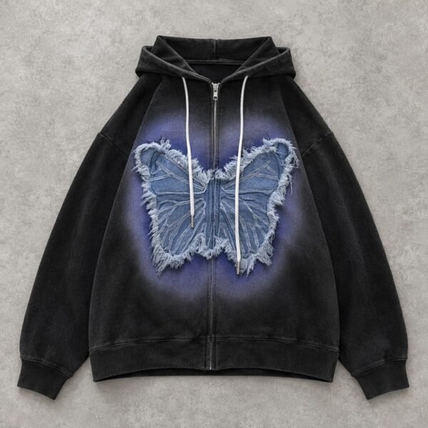 Custom Denim Butterfly Applique Zip Hoodie - Style 3B8636 - product detail view 6 Custom Denim Butterfly Applique Zip Hoodie - Style 3B8636 - product detail view 6