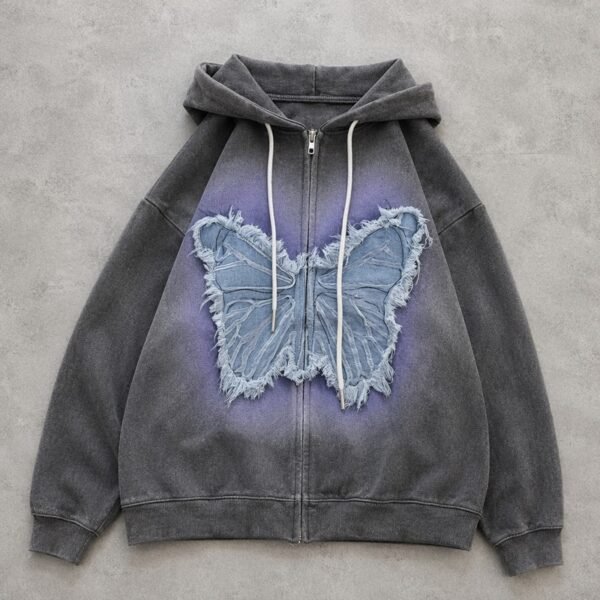 Custom Denim Butterfly Applique Zip Hoodie - Style 3B8636 - product detail view 7 Custom Denim Butterfly Applique Zip Hoodie - Style 3B8636 - product detail view 7