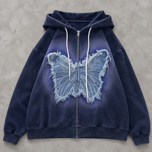 Custom Denim Butterfly Applique Zip Hoodie - Style 3B8636 - product detail view 9 Custom Denim Butterfly Applique Zip Hoodie - Style 3B8636 - product detail view 9
