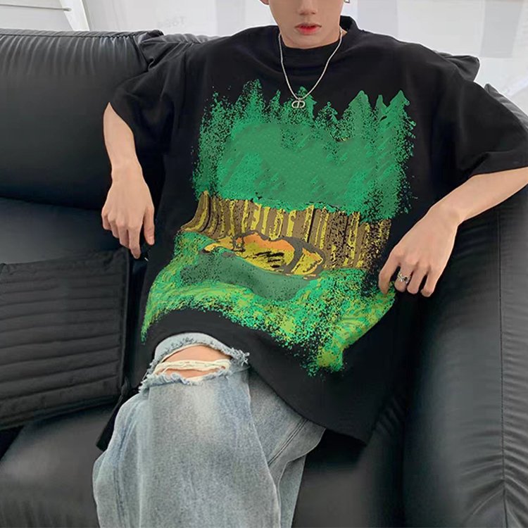 Mens oversized black t-shirt with a green forest graphic