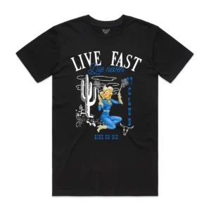 Black t-shirt with 'Live Fast Die Never' cowboy graphic