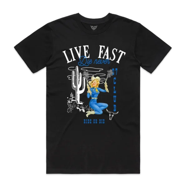 Custom Desert Cowgirl Graphic T-Shirt - Style 12CB9E Black t-shirt with 'Live Fast Die Never' cowboy graphic