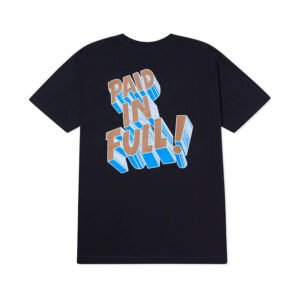Black t-shirt with a dimensional typography graphic that says 'PAID IN FULL!'.