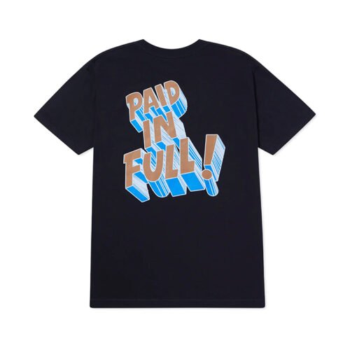 Black t-shirt with a dimensional typography graphic that says 'PAID IN FULL!'.