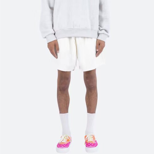 Custom Directional Pile Drawstring Activewear Shorts - Style 464C52 Man wearing white mesh drawstring activewear shorts