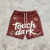 Custom Distressed Applique Graphic Fleece Shorts - Style 118805 Red distressed applique graphic fleece shorts with 'touch dark' text