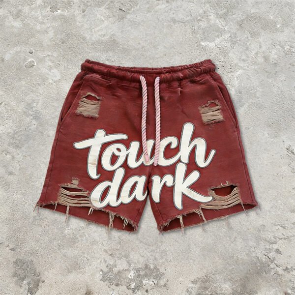 Custom Distressed Applique Graphic Fleece Shorts - Style 118805 Red distressed applique graphic fleece shorts with 'touch dark' text