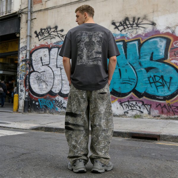 Custom Distressed Camouflage Wide-Leg Pants - Style 7B0CBD Man wearing distressed grey camouflage wide-leg pants with rips.