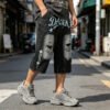 Custom Washed Graphic Distressed Capri Denim Pants - Style ED447C