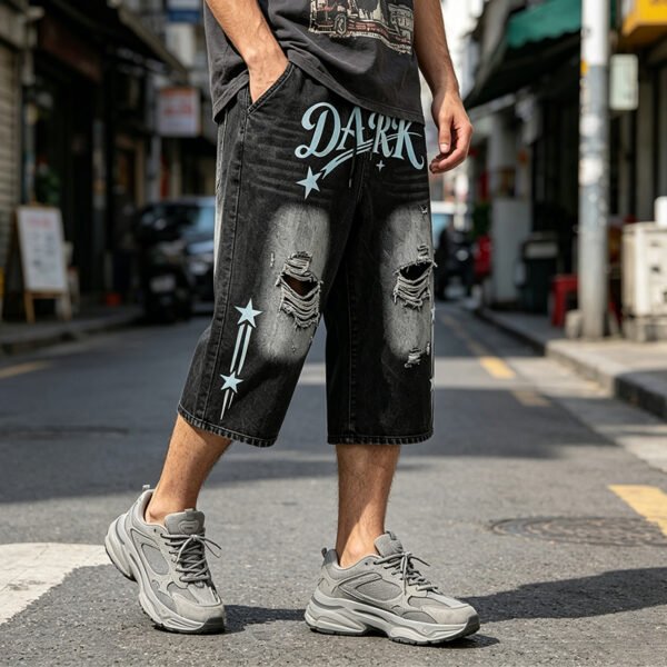 Custom Washed Graphic Distressed Capri Denim Pants - Style ED447C