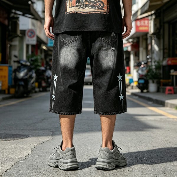 Custom Washed Graphic Distressed Capri Denim Pants - Style ED447C - product detail view 2