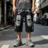 Custom Washed Graphic Distressed Capri Denim Pants - Style ED447C - product detail view 3