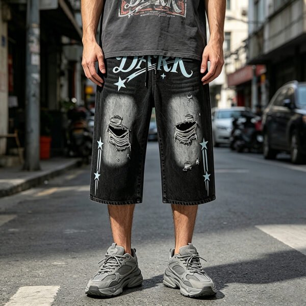 Custom Washed Graphic Distressed Capri Denim Pants - Style ED447C - product detail view 3