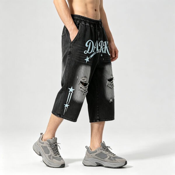 Custom Washed Graphic Distressed Capri Denim Pants - Style ED447C - product detail view 7