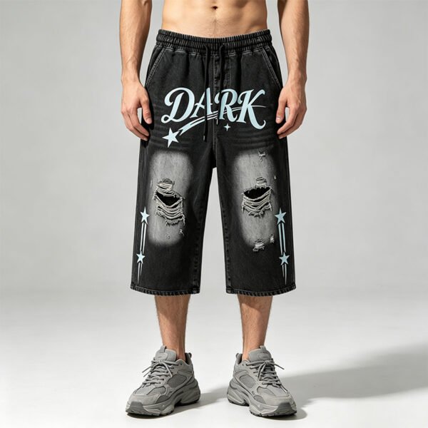 Custom Washed Graphic Distressed Capri Denim Pants - Style ED447C - product detail view 8