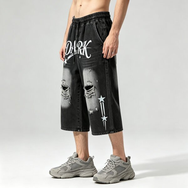 Custom Washed Graphic Distressed Capri Denim Pants - Style ED447C - product detail view 9
