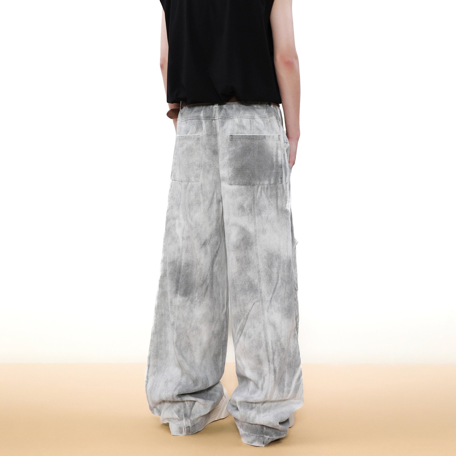 Grey distressed wide-leg cargo jeans with acid wash