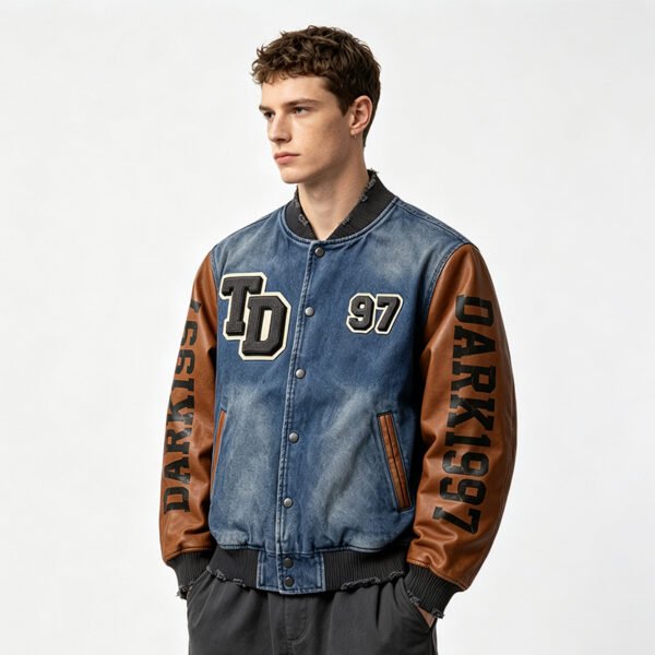 Custom Distressed Collar Denim Baseball Jacket - Style 8EF579 - product detail view 2 Custom Distressed Collar Denim Baseball Jacket - Style 8EF579 - product detail view 2