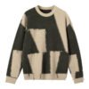 Custom Color-Block Distressed Crewneck Sweater VW-65AE - Style 65AEAF Green and beige color-block distressed knit crewneck sweater