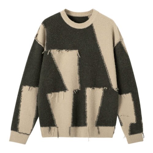Green and beige color-block distressed knit crewneck sweater