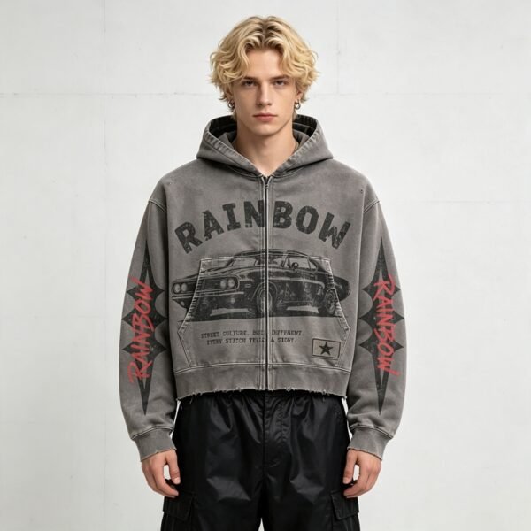 Custom Cropped Washed Graphic Zip Hoodie - Style 11B400 - product detail view 3 Custom Cropped Washed Graphic Zip Hoodie - Style 11B400 - product detail view 3