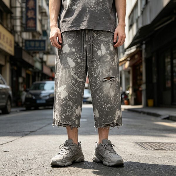 Custom Distressed Celestial Print Cropped Pants 716-02 - Style EACDF5 Man wearing distressed grey celestial print cropped pants