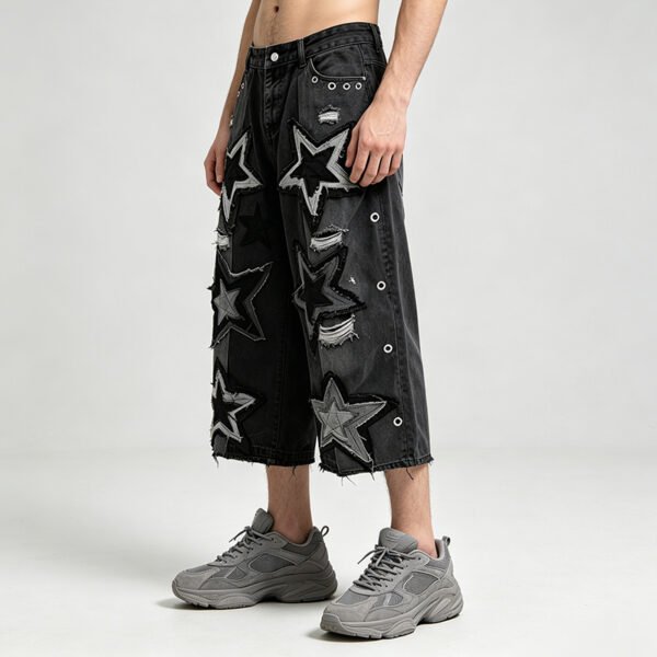 Custom Star Applique Distressed Black Denim Capri Jeans - Style 21DA91 - product detail view 6 Custom Star Applique Distressed Black Denim Capri Jeans - Style 21DA91 - product detail view 6