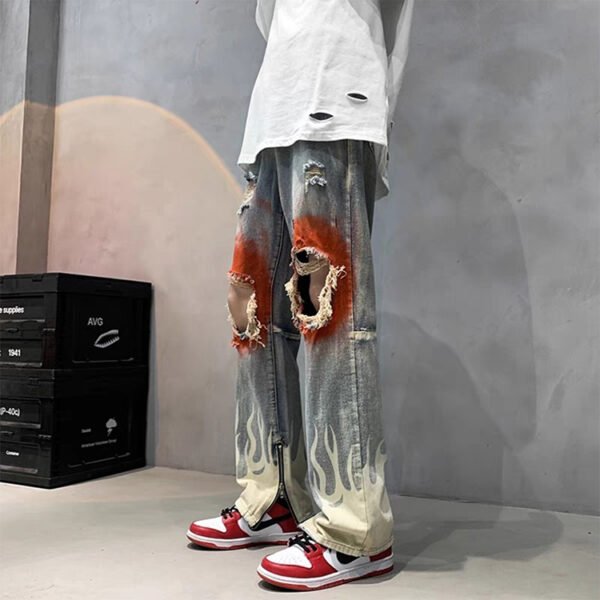 Custom Distressed Flame Panel Jeans | VWW-DNM-7918 - Style FF048E Custom distressed acid-wash flame graffiti jeans with ripped details