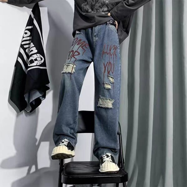 Custom Distressed Graphic-Wash Straight-Leg Jeans - Style C7B591