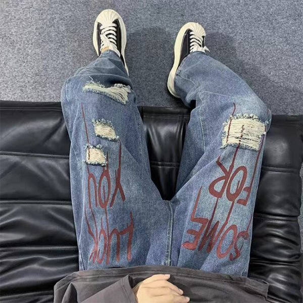 Custom Distressed Graphic-Wash Straight-Leg Jeans - Style C7B591 - product detail view 3