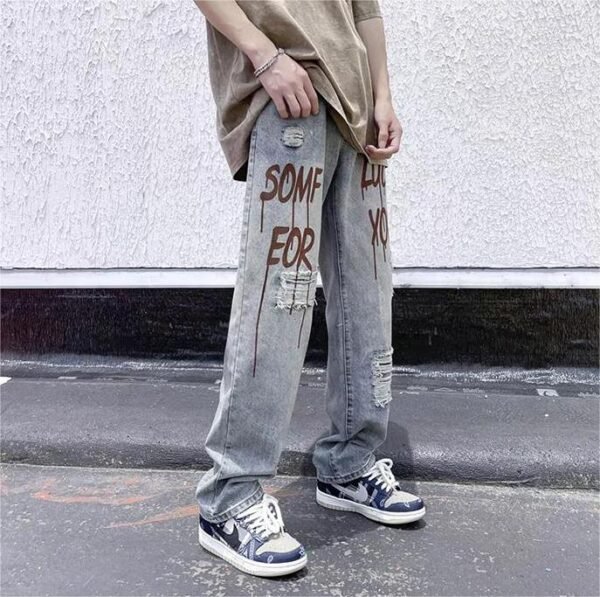 Custom Distressed Graphic-Wash Straight-Leg Jeans - Style C7B591 - product detail view 5