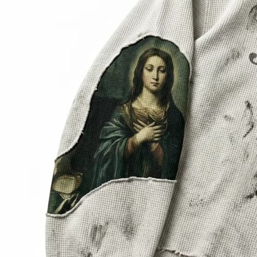 Custom Distressed Graphic Long-Sleeve T-Shirt - Style 1F9B7F Distressed long-sleeve t-shirt with a religious art patch
