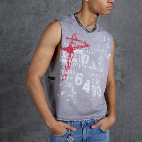 Custom Distressed Graphic Sleeveless Tank Top - Style 71032D