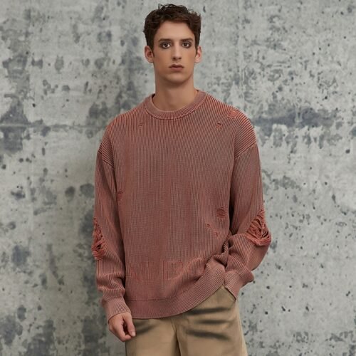 Custom Distressed Acid-Wash Crewneck Knit Sweater - Style 573DB5 Pink distressed ribbed knit sweater