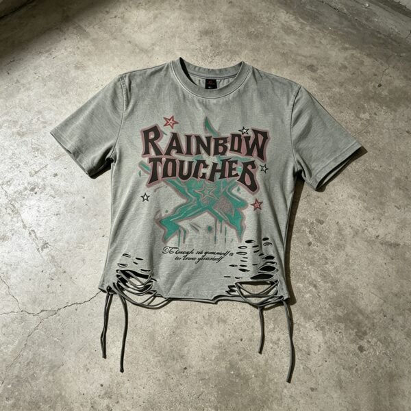 Custom Distressed Lace-Up Cropped T-Shirt - Style B38519 - product detail view 5