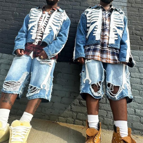 Two men wearing distressed light wash denim shorts with ripped panels