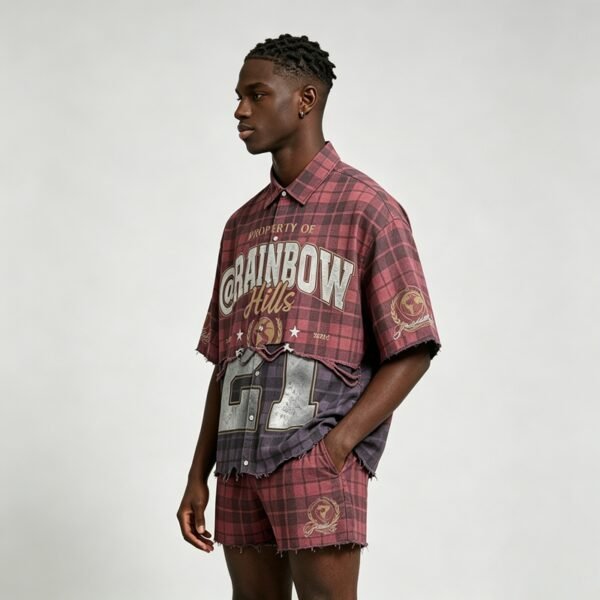 Custom Distressed Plaid Graphic Overshirt - Style A03AFB - product detail view 3 Custom Distressed Plaid Graphic Overshirt - Style A03AFB - product detail view 3
