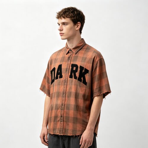 Custom Distressed Plaid Short Sleeve Overshirt - Style 18031A