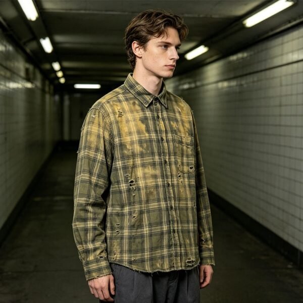 Custom Distressed Plaid Button-Front Overshirt - Style E01DC5 - product detail view 2