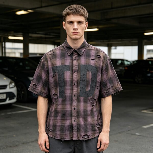 Custom Distressed Plaid Short Sleeve Shirt - Style FBD5D2 - product detail view 5