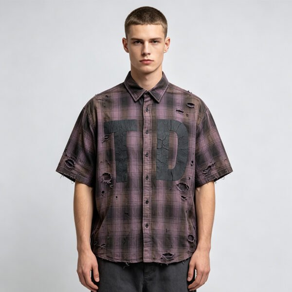 Custom Distressed Plaid Short Sleeve Shirt - Style FBD5D2 - product detail view 6