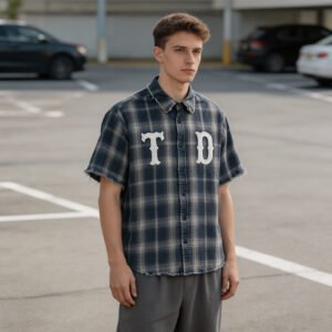 Custom Washed Plaid Short-Sleeve Distressed Shirt - Style 75C223
