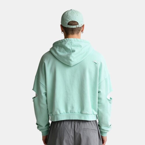 Custom Oversized Distressed Pullover Hoodie - Style AAFA6A Back view of a mint green oversized distressed hoodie with cut-out sleeves